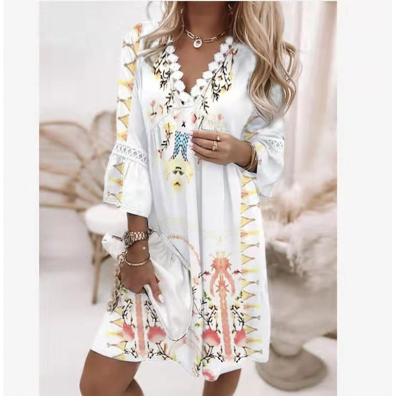 V-neck Printed Lace Stitching Casual Vacation Style Dress