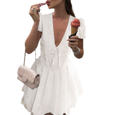 Casual Vacation Style Solid Color Hollow Dress Women