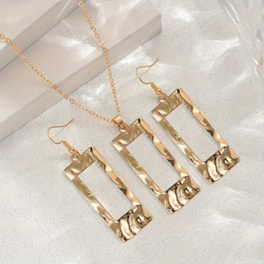 Lxalry Gold-Toned Hammered Geometric Jewelry Set, Recycled Alloy Necklace & Earrings For Women, Eco-Friendly Hypoallergenic Accessories For Daily Party Formal