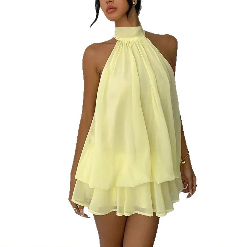 Women's Elegant Halter Mini Dress With Bow Tie Detail Ruffled Design Backless A-Line Summer Dress For Daily & Formal Wear