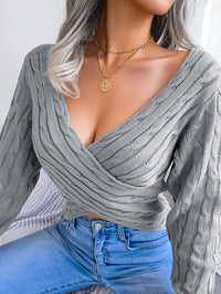 Women Sexy Cross V-Neck Cable Knit Long Sleeve Cropped Sweater