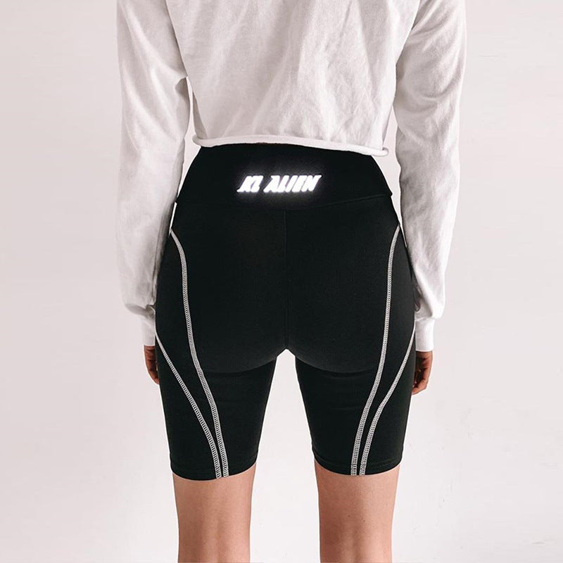 Reflective letter print sports fitness five-point pants