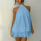 Women's Elegant Halter Mini Dress With Bow Tie Detail Ruffled Design Backless A-Line Summer Dress For Daily & Formal Wear