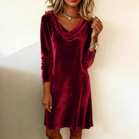 Elegant Solid Color Swing Collar Long Sleeved Velvet Dress Temperament Gentle Skirts For Women Cocktail Party Formal Dresses