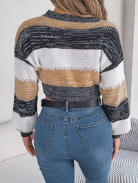Women Casual Color Block Lantern Sleeve Cropped Pullover Sweater
