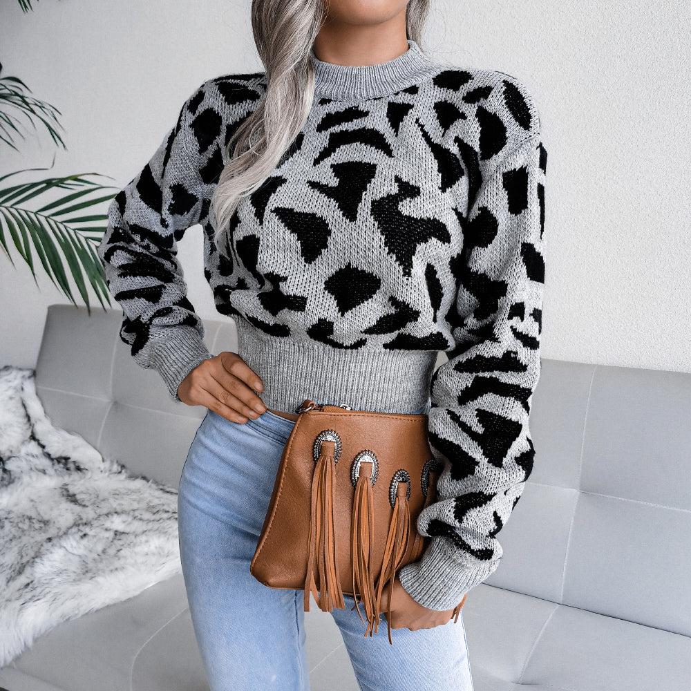 Women Casual Leopard Print Cinched Knit Cropped Sweater