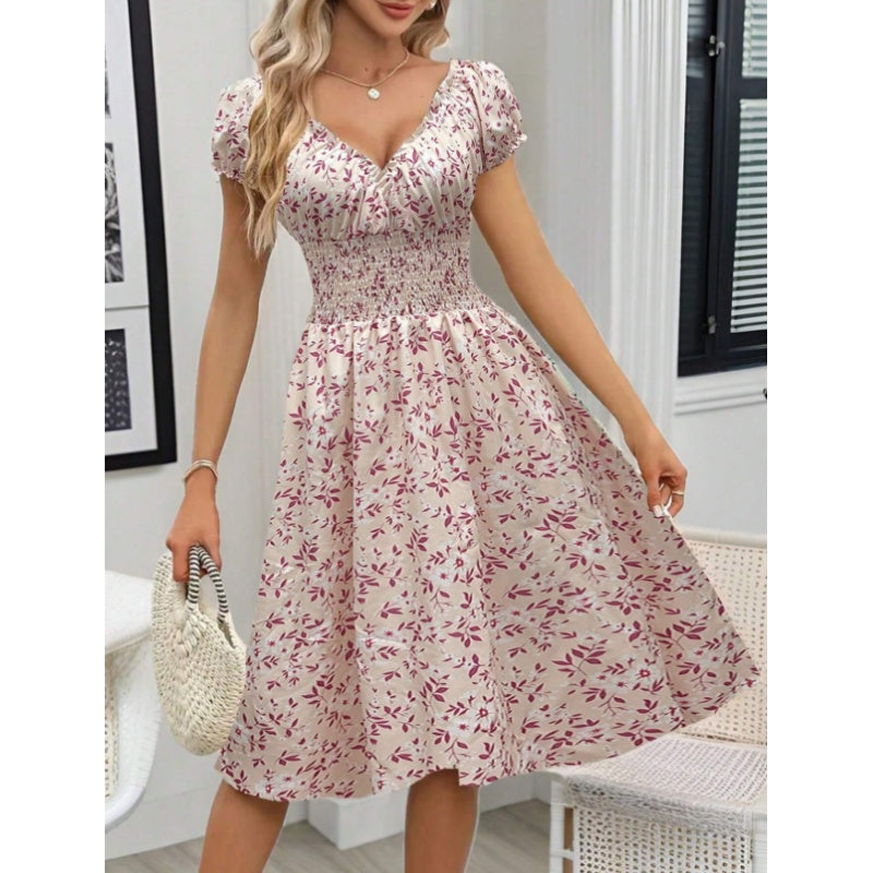 Women's Floral Summer Dress Casual Short Sleeve Ruffle Flowy Midi Sundress Boho Beach Vacation Dress