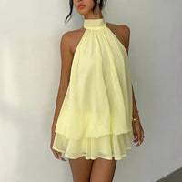 Women's Elegant Halter Mini Dress With Bow Tie Detail Ruffled Design Backless A-Line Summer Dress For Daily & Formal Wear