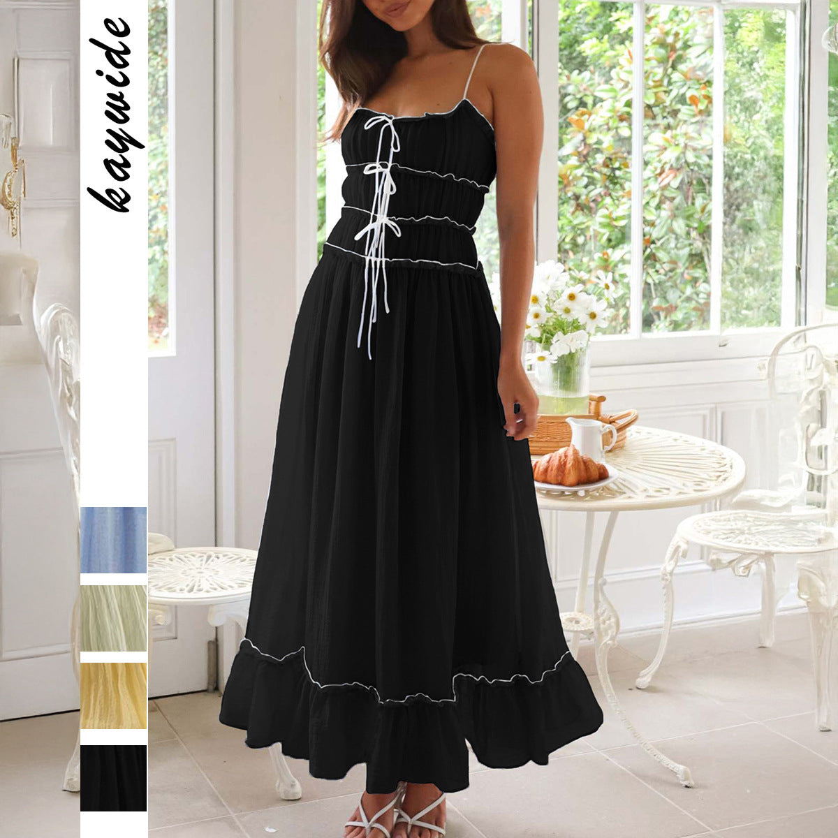 Casual Vacation Style Pleated Ruffled High Waist Sling Dress Women