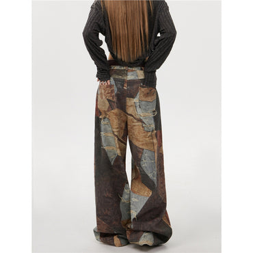 Retro Print Wide-leg Jeans For Men And Women Low-rise Pants