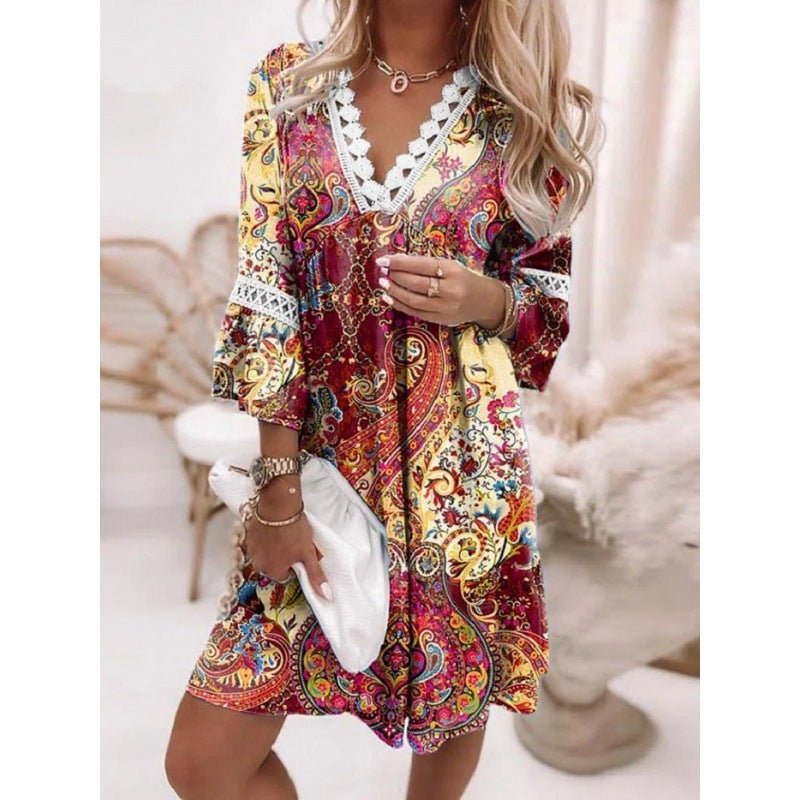 V-neck Printed Lace Stitching Casual Vacation Style Dress