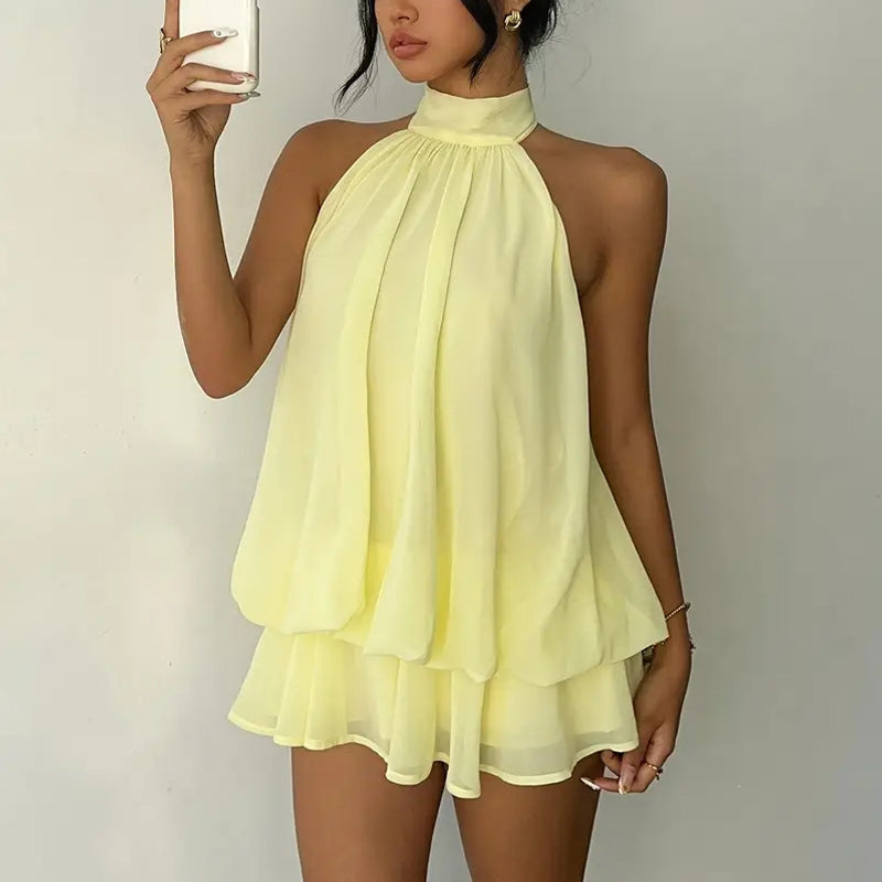 Women's Elegant Halter Mini Dress With Bow Tie Detail Ruffled Design Backless A-Line Summer Dress For Daily & Formal Wear