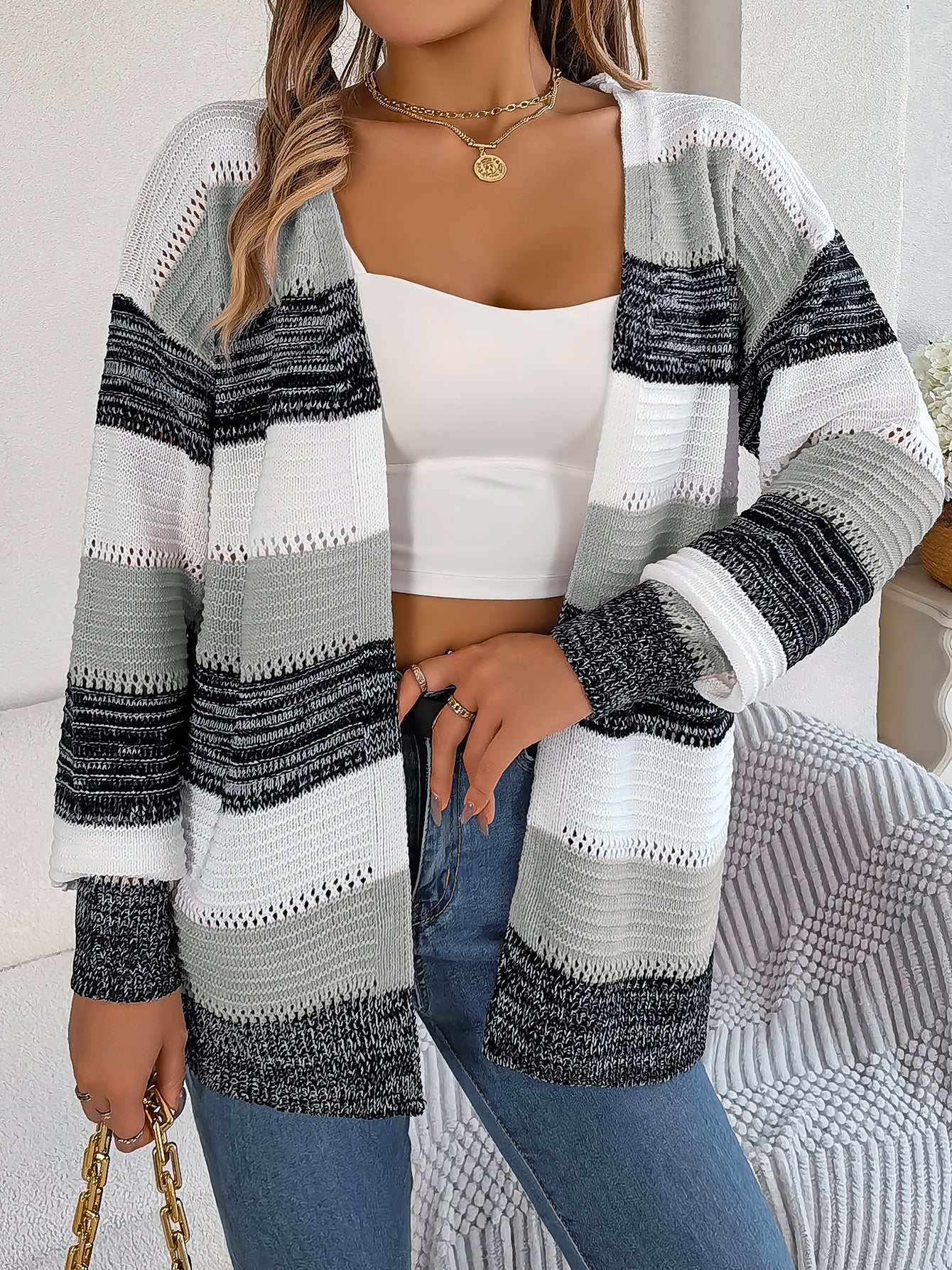 Women Casual Color Block Stripe Lantern Sleeve Cardigan Sweater Coat