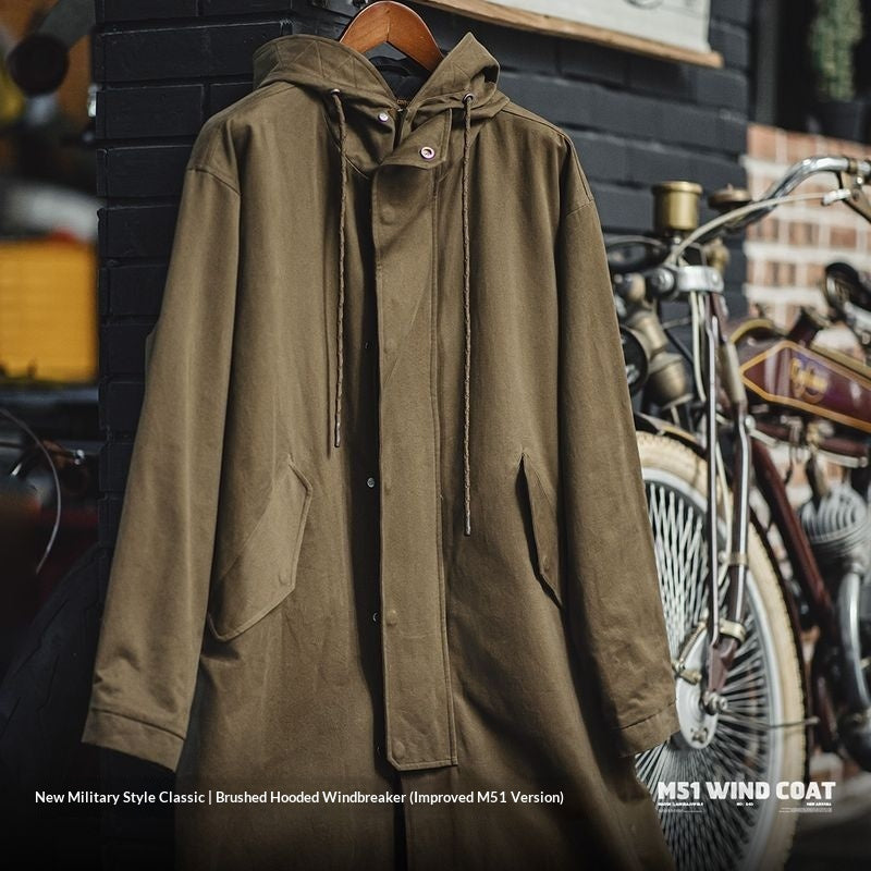 Military Style Brushed Fleece Hooded Windbreaker Loose Pure Cotton Mid-length Coat For Men Autumn