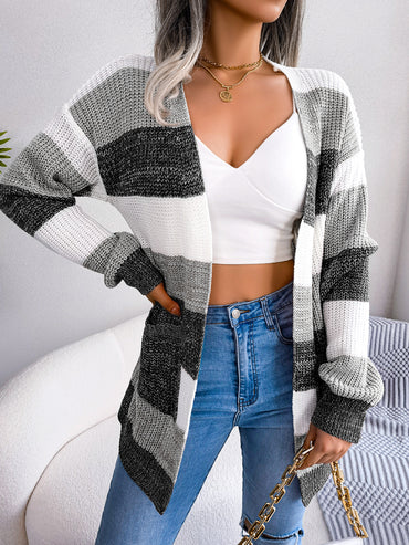 Women Color Block Stripe Lantern Sleeve Casual Cardigan Sweater Coat