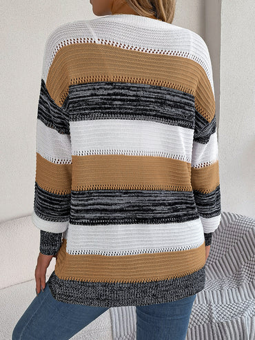 Women Casual Color Block Stripe Lantern Sleeve Cardigan Sweater Coat