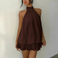 Women's Elegant Halter Mini Dress With Bow Tie Detail Ruffled Design Backless A-Line Summer Dress For Daily & Formal Wear
