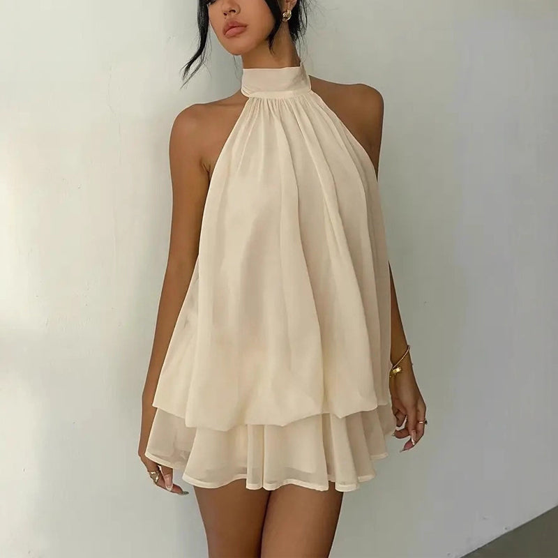 Women's Elegant Halter Mini Dress With Bow Tie Detail Ruffled Design Backless A-Line Summer Dress For Daily & Formal Wear