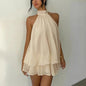Women's Elegant Halter Mini Dress With Bow Tie Detail Ruffled Design Backless A-Line Summer Dress For Daily & Formal Wear