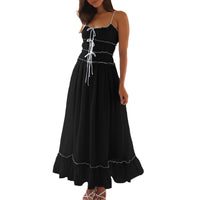 Casual Vacation Style Pleated Ruffled High Waist Sling Dress Women