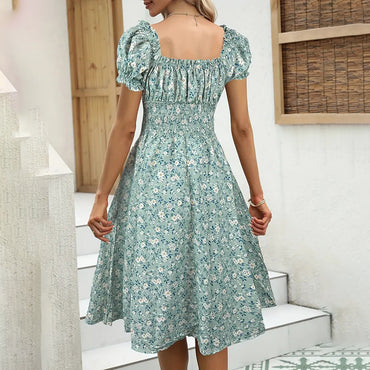 Women's Floral Summer Dress Casual Short Sleeve Ruffle Flowy Midi Sundress Boho Beach Vacation Dress