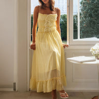 Casual Vacation Style Pleated Ruffled High Waist Sling Dress Women