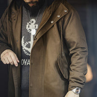 Military Style Brushed Fleece Hooded Windbreaker Loose Pure Cotton Mid-length Coat For Men Autumn