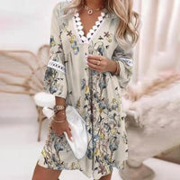 V-neck Printed Lace Stitching Casual Vacation Style Dress