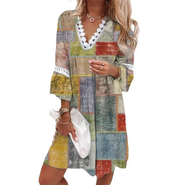 V-neck Printed Lace Stitching Casual Vacation Style Dress