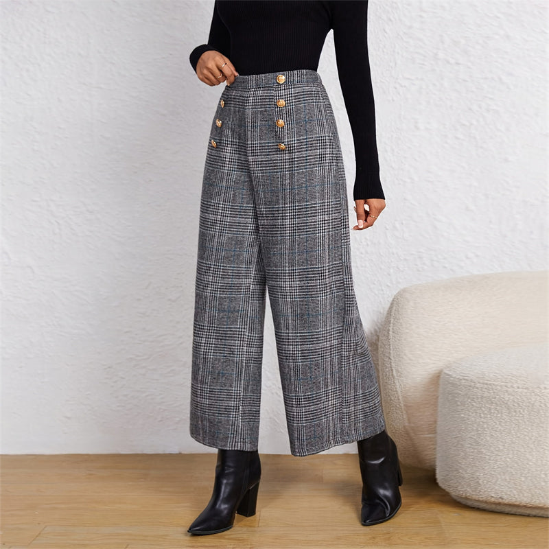 Women's Spring Fashion Plaid Wide-Leg Ninth Pants With Double-Breasted Decoration For Daily Office Wear