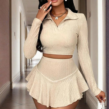 Women's Solid Color Lapel Crop Top & Asymmetrical Ruffle Skirt Set - Spring&Fall Vacation Outfit