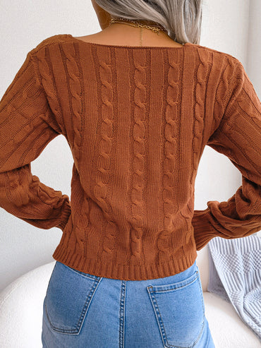Women Sexy Cross V-Neck Cable Knit Long Sleeve Cropped Sweater