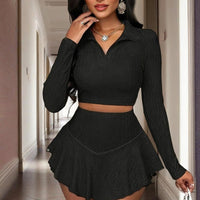 Women's Solid Color Lapel Crop Top & Asymmetrical Ruffle Skirt Set - Spring&Fall Vacation Outfit