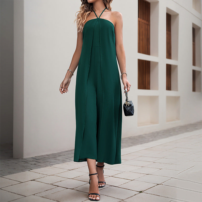 Vacation Casual Solid Color Long Halter Jumpsuit